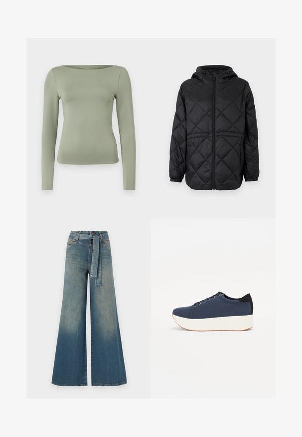 Fekete steppelt pufi dzseki kapucnival, elöl cipzárral és elasztikus mandzsettával. Az külső szövetét vonal menti gyémántmintázat díszíti.; Hosszú ujjú felső világos zöld színben, kerek nyakkivágással és testhez simuló fazonnal, sima, rugalmas anyagból készült. Nincsenek minták vagy díszítések.; Bőszárú farmernadrág, világos és sötétkék árnyalatokkal, magas derekú, övgyűrűkkel és a nadrággal megegyező anyagú övvel. Textúrált farmer kivitel.; Sötétkék sportcipő, texturált szövet felsőrész, fehér platform talp, lekerekített orr és fekete sarok akcentussal. Hat fűzőlyuk található rajta.