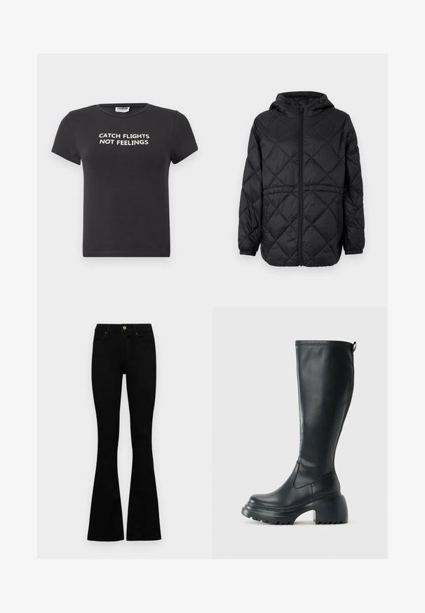 Mustmustriga puffer jakk musta värviga, kapuutsiga, ees lukuga ja elastsete mansettidega. Välimise kanga peal on sirgete ruutude muster.; Must onmustri must särk lühikeste varrukatega, millel on valge tekst "CATCH FLIGHTS NOT FEELINGS." Klassikaline ümmargune kaelus.; Mustad kõrge vöökohtadega teksad, millel on nööp ja lukuga sulgemine, esikäe taskud ja laienevad sääred, asetatud tasasele valgele taustale.; Kõrge must nahksaapad, millel on massiivne platvormi tald ja blokk-kand, varustatud tõmbenööriga ja tekstuuriga väljatõmbejääk.