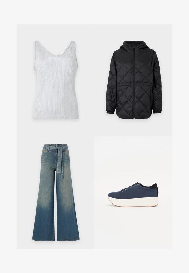 Zwarte gewatteerde pufferjack met capuchon, een rits aan de voorkant en elastische manchetten. Heeft een lineair ruitpatroon op de buitenstof.; Zilveren geribbelde tanktop met een V-hals en brede bandjes, voorzien van een zachte textuur en subtiele glans. De zoom is afgewerkt met een eenvoudige bies.; Wijduitlopende denim broek met een lichte naar donkere blauwe gradient, hoge taille, riemlussen en een bijpassende stoffen riem. Gestructureerde denimafwerking.; Marineblauwe sneaker met een textuurstof bovenwerk, witte platformzool, ronde neus en zwart hakaccent. Voorzien van zes gaatjes voor veters.