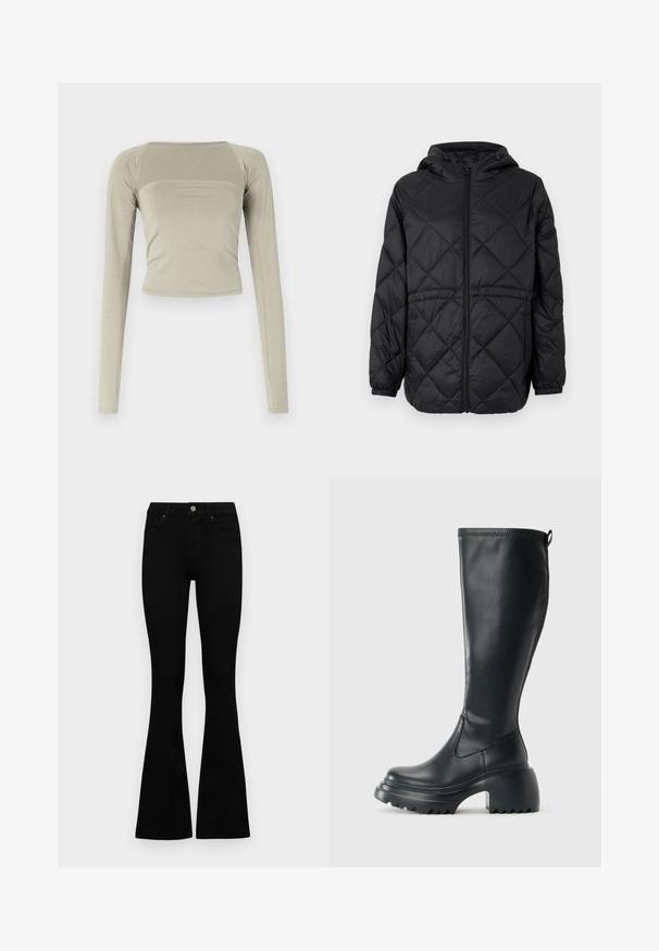 Črna prešita jakna s kapuco, sprednjim zadrgo in elastičnimi manšetami. Ima linearni diamantni vzorec na zunanjosti.; Dolga majica s kratkimi rokavi v svetli bež barvi, narejena iz mehkih, elastičnih materialov. Značilna je kvadratna izrezana oblika in prilegajoč silhuet.; Črne visokotopne kavbojke z gumbom in zadrgo, sprednjimi žepi in razširjenimi hlačnicami, poleg bel background.; Visoka črna usnjena škornja s debelim podplatnim solejem in blok peto, opremljena s potegom in strukturiranim profilom na podplatu.