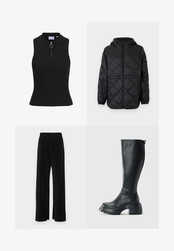 Černá prošívaná puffer bunda s kapucí, předním zipem a elastickými manžetami. Obsahuje lineární diamantový vzor na vnější tkanině.; Černý top bez rukávů s žebrovanou texturou, přiléhavý střih, límeček ve stylu Peter Pan a přední zip s kulatým kroužkem na tahání.; Černé plisované kalhoty s elastickým pasem. Mají široké nohavice a hladkou, strukturovanou tkaninu s vertikálními pruhy.; Vysoká černá kožená bota s masivní platformou a blokovým podpatkem, s poutkem a texturovaným vzorkem na podrážce.