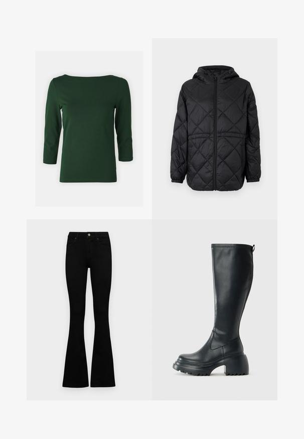 Zwarte gewatteerde pufferjack met capuchon, een rits aan de voorkant en elastische manchetten. Heeft een lineair ruitpatroon op de buitenstof.; Donkergroene, lange mouwen top met een bootnek. Gladde textuur, getailleerd ontwerp en mouwlengte tot halverwege de arm. Geen zichtbare patronen of accenten.; Zwarte hoge taille jeans met een knoop- en ritssluiting, voorzakken en een flared pijp, plat gelegd op een witte achtergrond.; Hoge zwarte leren laars met een chunky plateauzool en blokhak, voorzien van een trekband en een gestructureerd profiel op de buitenzool.