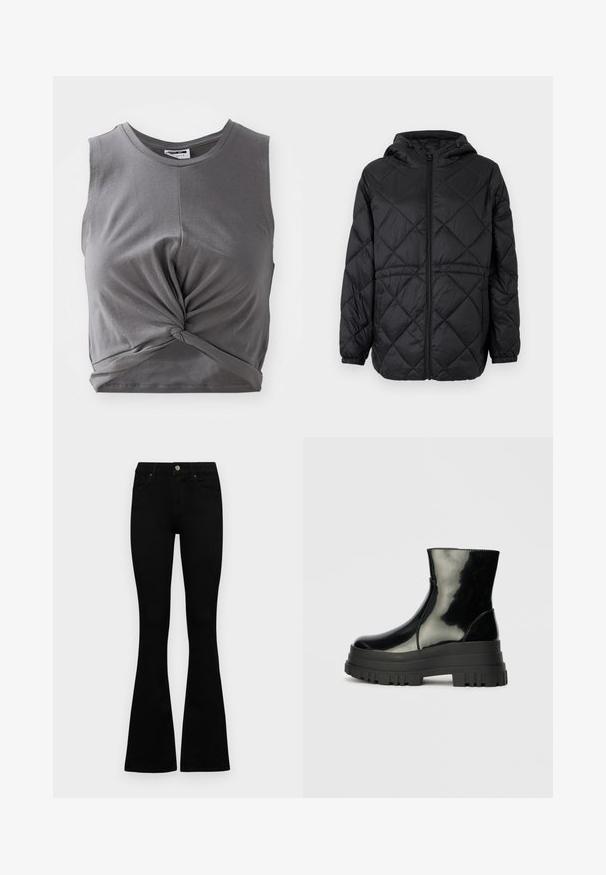 Mustmustriga puffer jakk musta värviga, kapuutsiga, ees lukuga ja elastsete mansettidega. Välimise kanga peal on sirgete ruutude muster.; Halli ilma varrukatega lühike topp, mis on valmistatud pehmest puuvillast, esitleb keerutatud esiosa detaili ja sulguvat disaini. Sile tekstuur ja ümmargune kaelus.; Mustad kõrge vöökohtadega teksad, millel on nööp ja lukuga sulgemine, esikäe taskud ja laienevad sääred, asetatud tasasele valgele taustale.; Must mustakate läikiv ankle boot paksu lõkkeka üle ja ümarate varvastega, külgvaates halli ühtlase taustal.