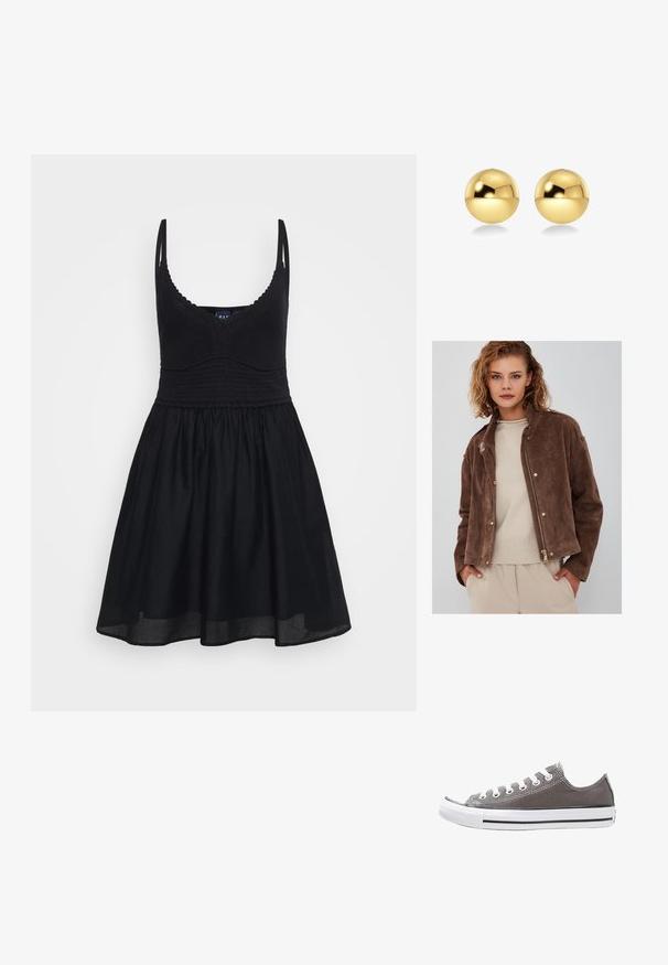 Giacca in suede marrone con zip frontale, colletto rialzato e dettagli con bottoni a pressione. Abbinato a un maglione leggero beige sotto.; Abito nero senza maniche con spalline regolabili, busto aderente in maglia e gonna fluida. Realizzato in tessuto morbido con una trama liscia e un design classico.; Sneaker in tela grigia con suola in gomma bianca, striscia nera e occhielli in metallo. Presenta punta rotonda, design a bassa altezza e tessuto testurizzato.; Orecchini sferici color oro con una superficie lucida e riflettente. Il design è semplice e liscio, creando un aspetto moderno e minimalista.
