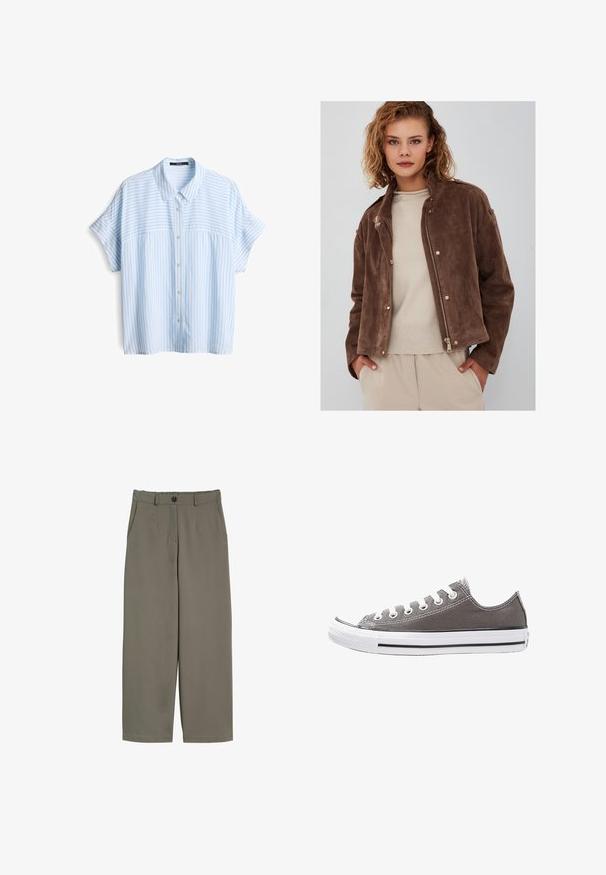 Bruine suède jas met een rits aan de voorkant, een opstaande kraag en drukknopen. Gecombineerd met een lichtbeige sweater eronder.; someday. KURZARM ZAVINA - Overhemdblouse - clear water; Witte T-shirt met korte mouwen, ronde hals, gemaakt van zacht, glad katoen, met een rechte zoom en minimale details. Eenvoudig en veelzijdig ontwerp.; Brede broek in olijfgroen stof, met een knoopsluiting, voorzakken en een gladde, iets gestructureerde oppervlakte.; Grijze canvas sneaker met witte rubberen zool, zwarte streep en metalen oogjes. Kenmerkt zich door een ronde neus, low-top ontwerp en textiele stof.