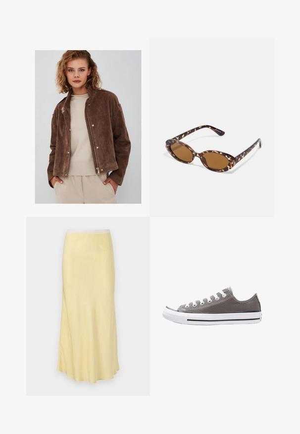 Brown suede jacket with a zip front, a stand collar, and snap-button details. Pairing with a light beige sweater underneath.; White short-sleeve t-shirt, crew neck, made of soft, smooth cotton fabric, with a straight hem and minimal detailing. Plain and versatile design.; Light yellow satin midi skirt with a smooth texture, flared design, and elastic waistband, featuring a subtle sheen throughout.; Gray canvas sneaker with white rubber sole, black stripe, and metal eyelets. Features round toe, low-top design, and textured fabric.; Tortoiseshell sunglasses with oval lenses, brown-tinted, thin arms featuring a textured pattern, lightweight plastic frame.
