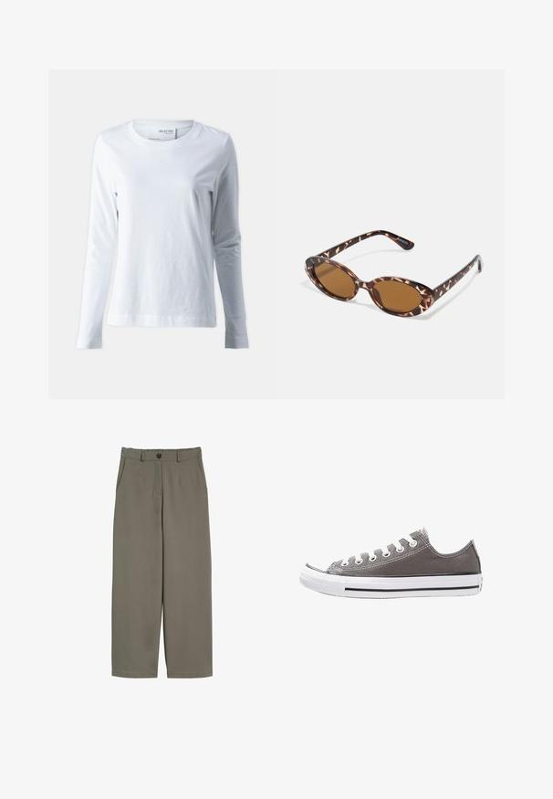 Bruine suède jas met een rits aan de voorkant, een opstaande kraag en drukknopen. Gecombineerd met een lichtbeige sweater eronder.; Witte langekous T-shirt met lange mouwen, gemaakt van zachte katoen. Heeft een ronde halslijn en aansluitende mouwen. Glad textuur met een eenvoudige uitstraling.; Brede broek in olijfgroen stof, met een knoopsluiting, voorzakken en een gladde, iets gestructureerde oppervlakte.; Grijze canvas sneaker met witte rubberen zool, zwarte streep en metalen oogjes. Kenmerkt zich door een ronde neus, low-top ontwerp en textiele stof.; Schildpadvormige zonnebril met ovale lenzen, bruin getint, dunne armen met een gestructureerd patroon, lichtgewicht kunststof frame.