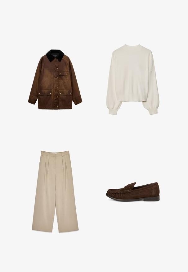 Brązowa woskowana kurtka bawełniana z czarnym kołnierzem z sztruksu, przednie zapięcia na napy oraz trzy kieszenie z klapką z zapięciem na napy.; Biały sweter dzianinowy z wysokim kołnierzem, ribbową teksturą i bufiastymi rękawami. Skrócona długość z dopasowanymi mankietami. Prosty, jednolity kolor.; Beżowe spodnie o szerokich nogawkach z fałdami z przodu, kieszeniami bocznymi, szlufkami na pasek oraz ukrytym zapięciem z przodu.; Brązowe zamszowe loafersy z okrągłym noskiem, detalami przeszycia wzdłuż krawędzi oraz niskim czarnym gumowym obcasem, z dekoracyjnym paskiem.