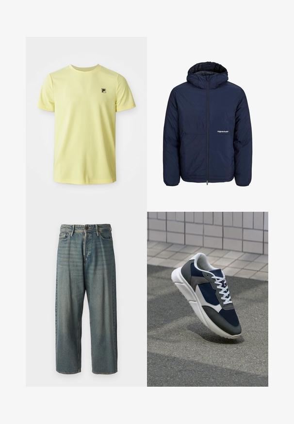 Tamno plavi, izolirani kaput s patentnim zatvaračem sprijeda, kapuljačom i džepom na prsima. Ima laganu tkaninu i logo na lijevoj strani.; Svijetložuta majica kratkih rukava s okruglim izrezom, s malim crnim logotipom na lijevoj strani prsnog koša, prikazana na bijeloj pozadini.; Svijetloplave traperice s širokim krojem, srednjim pojasom i ravnim nogavicama. Ima pet džepova, petlje za remen i kopčanje na gumb.; Tenisice s gornjim dijelom od mrežastog materijala tamnoplave boje, siva antilopova naglašavanja, bijela gumena potplat i ravne bijele vezice, dizajnirane za udobnost i prozračnost.