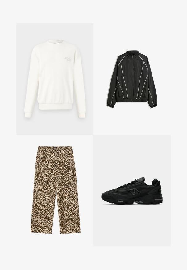 Černá větrovka s vysokým límcem, elastickými manžetami a bílými diagonálními pruhy. Obsahuje zapínací přední kapsu a pevný lem.; Bílá žebrovaná mikina vyrobená z měkké látky, s kulatým výstřihem, dlouhými rukávy a vyšitým logem na hrudi.; YOURTURN UNISEX - Džíny Relaxed Fit - beige/black; Černé sportovní tenisky s texturovaným svrškem, vyznačující se výrazným logem, silnou podrážkou a jemnými šedými akcenty podél designu.