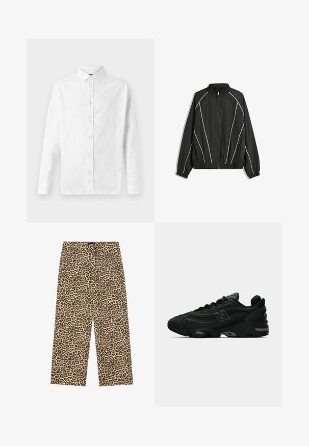 Fekete szélálló dzseki magas gallérral, rugalmas mandzsettával és fehér átlós csíkokkal. Cippzáras elülső zsebbel és szabott aljjal rendelkezik.; Fehér, hosszan ujjú pamut ing, finom mintázatú hímzéssel, gombos gallérral és elöl gombos záródással.; YOURTURN UNISEX - Laza szabású farmerek - beige/black; Fekete sportcipők texturált felsőrésszel, kiemelkedő logóval, vastag talppal és diszkrét szürke akcentusokkal a dizájn mentén.