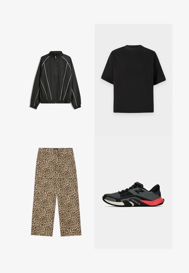 Svart vindjacka med hög krage, elastiska manschetter och vita diagonala ränder. Har en dragkedjeförsedd framlucka och en figursydd nederkant.; Svart kortärmad T-shirt i lös passform, tillverkad av mjuk bomull, med rund halsringning och minimalistisk design.; YOURTURN UNISEX - Jeans relaxed fit - beige/black; Svart sportskon med övre i mesh, grå accenter och en rödprickig sula. Har en låg profil och en minimalistisk design.