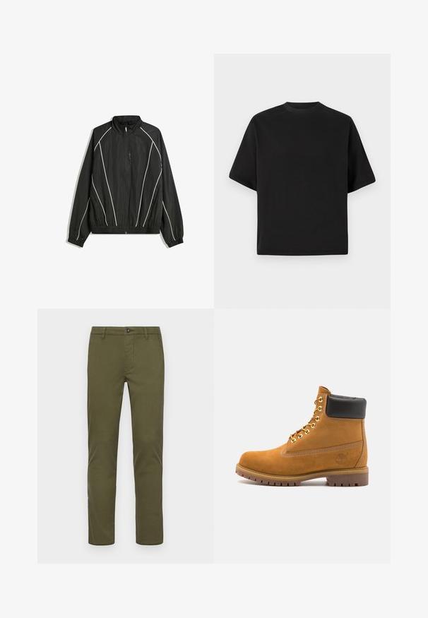 Schwarze Windbreaker-Jacke mit hohem Kragen, elastischen Bündchen und weißen diagonalen Streifen. Sie verfügt über eine Reißverschlusstasche vorne und einen taillierten Saum.; Schwarzes T-Shirt mit kurzen Ärmeln in lockerer Passform, aus glattem Baumwollmaterial, mit rundem Ausschnitt und minimalistischem Design.; Olivgrüne Baumwoll-Chinos mit geradem Beinschnitt, ausgestattet mit einem vorderen Knopfverschluss, Seitentaschen und sauberen Säumen.; Beige Wildleder-Ankle-Boot mit schwarzem gepolstertem Kragen, goldenen Metallösen, weißen Nähdetalben und einer robusten Gummisohle mit ausgeprägtem Profil.