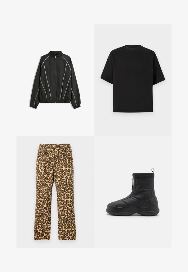 Black windbreaker jacket with a high collar, elastic cuffs, and white diagonal stripes. Features a zippered front pocket and a fitted hem.; Black short-sleeve T-shirt in a loose fit, made of smooth cotton, featuring a round neckline and minimalistic design.; Leopard print trousers in tan, brown, and black. Features an elastic waistband and relaxed, straight-leg design. Lightweight fabric.; Black waterproof snow boot with a smooth synthetic upper, zip closure, padded collar, and textured rubber sole. Accented with "MOON BOOT" branding.