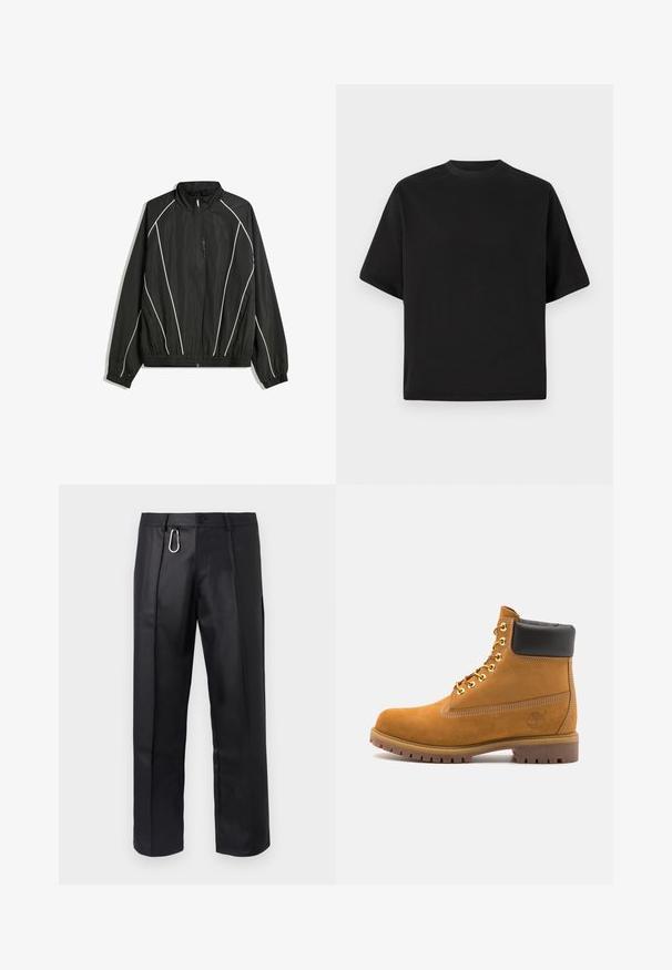 Veste coupe-vent noire avec un col haut, des poignets élastiques et des rayures blanches en diagonale. Elle possède une poche zippée à l'avant et un ourlet ajusté.; T-shirt noire à manches courtes au fit ample, fabriquée en coton lisse, avec un col rond et un design minimaliste.; Pantalon en cuir noir avec une coupe droite, des plis avant et un accent en mousqueton argenté sur la taille. Texture lisse avec un minimum de détails.; Bottine en daim beige avec un col rembourré noir, œillets en métal doré, détails de surpiqûres blanches et semelle en caoutchouc robuste avec des crampons prononcés.