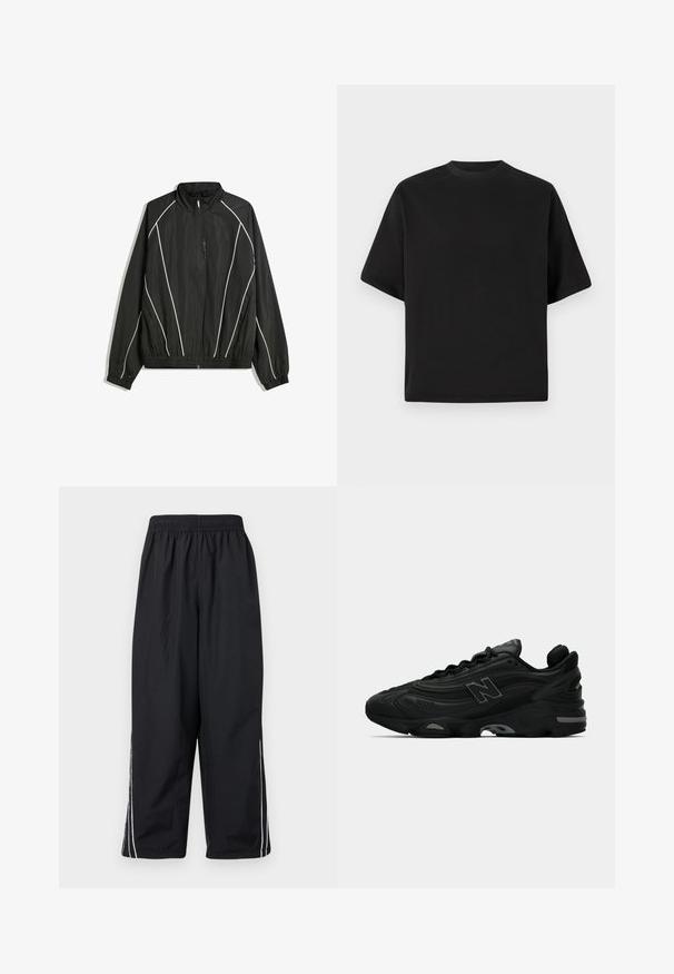 Fekete szélálló dzseki magas gallérral, rugalmas mandzsettával és fehér átlós csíkokkal. Cippzáras elülső zsebbel és szabott aljjal rendelkezik.; Fekete rövidujjú póló laza szabással, sima pamutból készült, kerek nyakkivágással és minimalista dizájnnal.; Fekete, könnyű nadrág, nylonszövetből, rugalmas derékkal, fehér oldalsávokkal és laza, rövidített fazonnal.; Fekete sportcipők texturált felsőrésszel, kiemelkedő logóval, vastag talppal és diszkrét szürke akcentusokkal a dizájn mentén.
