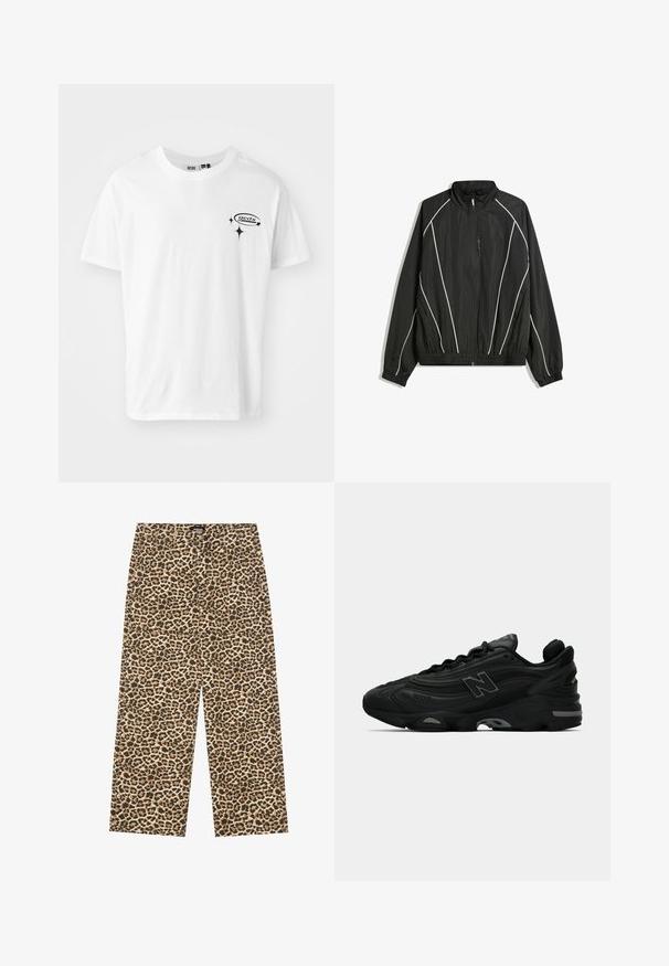 Sort vindjakke med høj krave, elastiske mansjetter og hvide diagonale striber. Har en lynlåslomme foran og en tætsiddende bund.; Hvid bomulds T-shirt med korte ærmer, rund halsudskæring, og et sort trykt logo på venstre brystområde. Glat tekstur, afslappet design.; YOURTURN UNISEX - Jeans Relaxed Fit - beige/black; Svarte atletiske sneakers med en tekstureret overdel, prydet med et fremtrædende logo, tyk sål og subtile grå accenter langs designet.