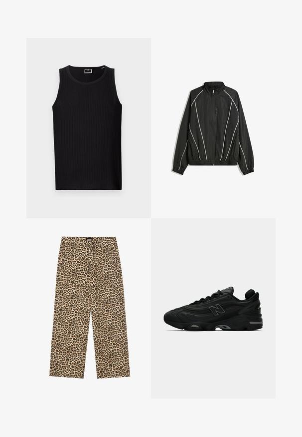 Czarna kurtka przeciwwiatrowa z wysokim kołnierzem, elastycznymi mankietami i białymi ukośnymi paskami. Posiada zapinaną na zamek przednią kieszeń i dopasowany dół.; Czarny ryflowany top na ramiączkach z okrągłym dekoltem, bez rękawów, z miękkiego, teksturowanego materiału. Posiada prosty dół i minimalną markę.; YOURTURN UNISEX beżowy; Czarne sportowe sneakersy z teksturowaną cholewką, z wyraźnym logo, grubą podeszwą i subtelnymi szarymi akcentami wzdłuż wzoru.