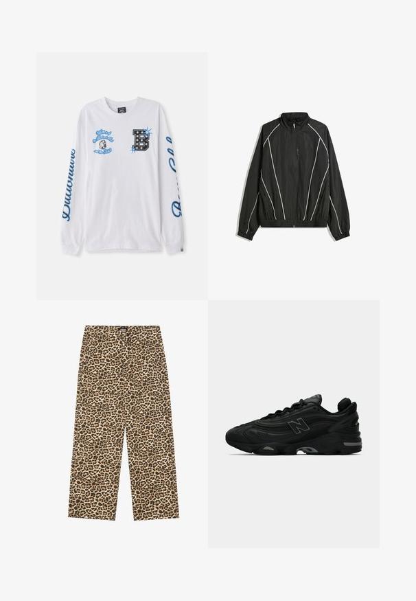 Mustat tuulenpitävät takki, jossa on korkea kaulus, joustavat hihansuut ja valkoiset diagonaaliset raidat. Varustettu vetoketjullisella etutaskulla ja kapealla helmaa.; Valkoinen pitkähihaine t-paita puuvillasta, jossa on sinisiä graafisia kuvastoja, mukaan lukien teksti ja koristeellinen "B". Ominaisuuksiin kuuluu pyöreä kaula-aukko ja resorit hihansuissa.; YOURTURN UNISEX - Relaxed fit -farkut - beige/black; Mustat urheilukengät, joissa on teksturoitu päällinen, mukana näyttävä logo, paksu pohja ja hienovaraiset harmaat yksityiskohdat designissa.