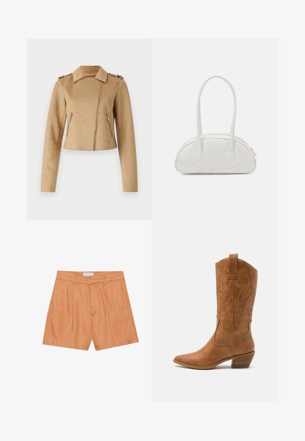 Hnědá umělá semišová motorkářská bunda s krátkým designem, zapínáním na zip a dvěma bočními kapsami na zip. Disponuje ramenními popruhy a dlouhými rukávy.; Bílé tričko s krátkým rukávem, které má smockovanou látku s volánovými okraji, uvolněný výstřih a texturovaný povrch.; Oranžové skládací šortky vyrobené z hladké tkaniny, s předním zipem, poutky na opasek a bočními kapsami. Na štítku je nápis "ANNA FIELD."; Hnědé kožené kovbojské boty s špičatou špičkou, vyšívanými spirálovými vzory na štítech a s blokovým podpatkem. Obsahují poutko pro snadné obouvání.; Even&Odd Kabelka - off-white; Stříbrné kruhové náušnice s hladkým, lesklým povrchem. Kulatý tvar a bezpečné zapínání na klip. Lehký design vhodný pro každodenní nošení.