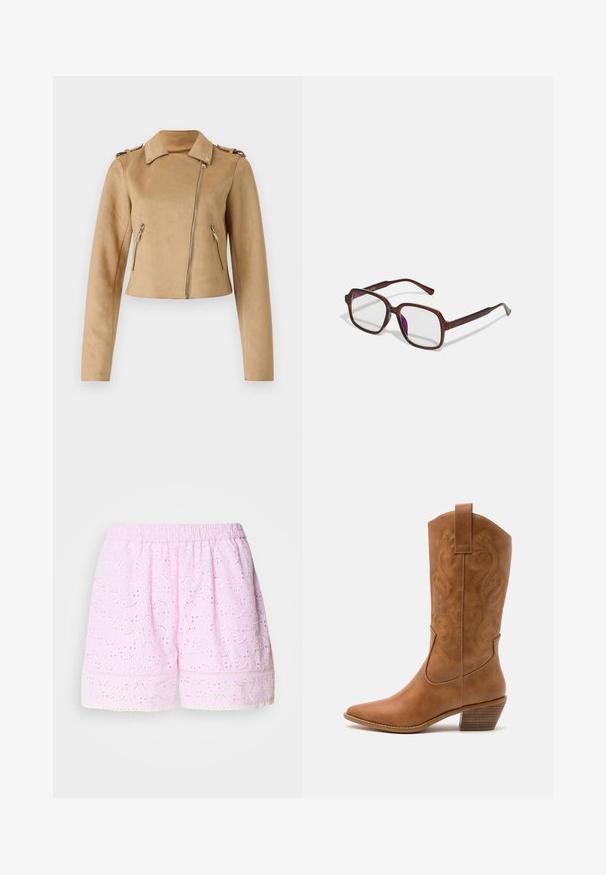 Hnědá umělá semišová motorkářská bunda s krátkým designem, zapínáním na zip a dvěma bočními kapsami na zip. Disponuje ramenními popruhy a dlouhými rukávy.; Bílý bavlněný top bez rukávů s širokým výstřihem a tenkými ramínky. Hladká textura bez viditelných vzorů nebo ozdob.; Růžové bavlněné kraťasy s vyšívaným květinovým vzorem, elastickým pasem a krajkovým lemem. Lehce a prodyšný materiál.; Hnědé kožené kovbojské boty s špičatou špičkou, vyšívanými spirálovými vzory na štítech a s blokovým podpatkem. Obsahují poutko pro snadné obouvání.; Hnědé, obdélníkové brýle s průhlednými skly a fialovými odstíny. Hladký plastový rám s rovnými nohami a jemnými akcenty.; Hnědá kabelka přes rameno z umělé kůže s zakřiveným tvarem, minimálním prošíváním a zlatým kovovým akcentem. Disponuje vrchním zipovým uzavíráním a nastavitelným popruhem.; Stříbrné kruhové náušnice s hladkým, lesklým povrchem. Kulatý tvar a bezpečné zapínání na klip. Lehký design vhodný pro každodenní nošení.