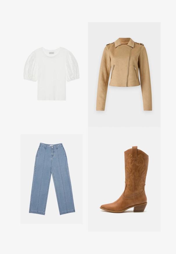 Hnědá umělá semišová motorkářská bunda s krátkým designem, zapínáním na zip a dvěma bočními kapsami na zip. Disponuje ramenními popruhy a dlouhými rukávy.; Bílý bavlněný tričko s průhlednými, výšivkami zdobenými balónovými rukávy. Klasický kulatý výstřih a uvolněný střih. Jednoduchá a moderní estetika.; Světle modré džínové kalhoty s širokými nohavicemi. Mají vysoký pas, knoflíkové zapínání a viditelné prošití. Na přední straně nejsou viditelné kapsy.; Hnědé kožené kovbojské boty s špičatou špičkou, vyšívanými spirálovými vzory na štítech a s blokovým podpatkem. Obsahují poutko pro snadné obouvání.