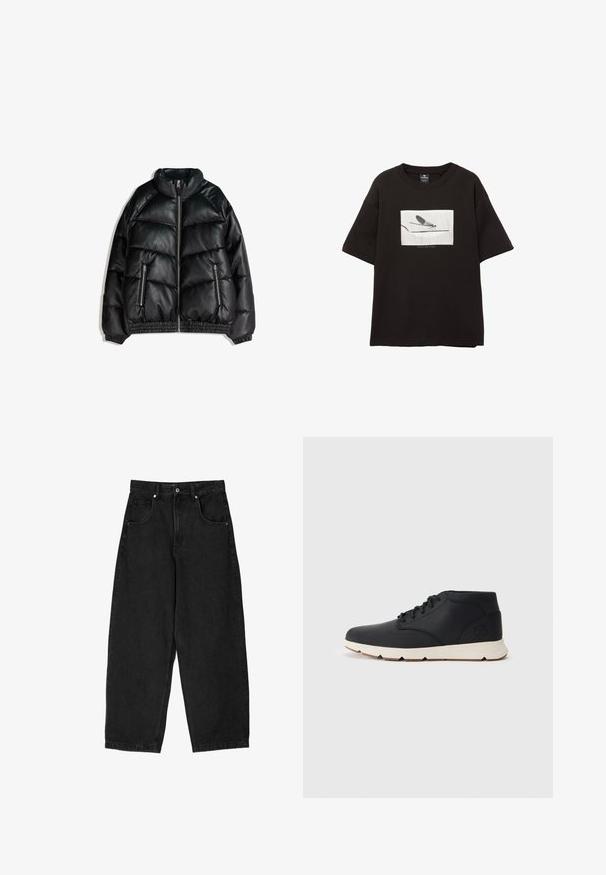 Geacă puffer neagră din piele ecologică texturată. Prezintă un guler înalt, închidere cu fermoar și două buzunare laterale cu fermoar. Mansete și tiv elastic.; Tricou negru din bumbac, cu mâneci scurte, prezentând o grafică rectangulară albă cu o muscă pe o linie subțire, branding minim sub imagine.; Pantaloni largi din denim negru cu talie înaltă, dotati cu cinci buzunare, fermoar și închidere cu buton metalic. Textură netedă, detalii minime.; Botoși chukka din piele neagră, cu o talpă din cauciuc alb, având șireturi rotunde și un logo embosat pe călcâi. Textură netedă pe întreaga suprafață.