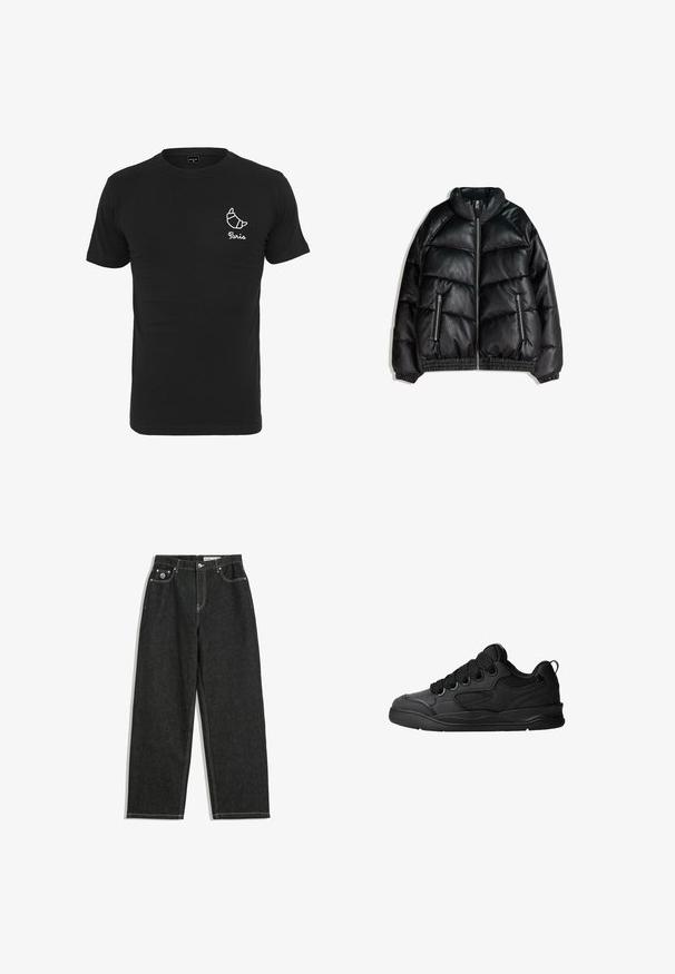 Černá péřová bunda vyrobená z texturované umělé kůže. Má vysoký límec, zapínání na zip a dvě boční kapsy se zipem. Elastické manžety a lem.; Černé bavlněné tričko s kulatým výstřihem, krátkými rukávy a bílou grafikou croissantu s textem "Paříž" pod ním.; Černé džíny rovného střihu s bílým prošíváním, design se pěti kapsami, zapínání na knoflík a zip a malé logo na přední pravé kapse.; Černé tenisky s texturovaným svrškem, obsahující šněrování, síťované detaily pro prodyšnost, polstrovaný límec a pevnou podrážku.