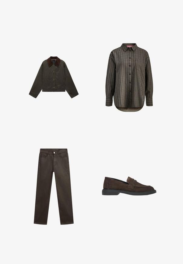 Olive green jacket with a brown corduroy collar, two front pockets, and button closure. Made from durable material, featuring a cropped design.; Long-sleeve button-up shirt with black and beige checkered pattern and a single chest pocket, collar, and curved hem.; Brown denim jeans featuring a straight-leg design, five-pocket styling, and a front button closure. Smooth texture with a slight sheen.; Brown suede loafers with a flat black sole, featuring a front strap and clean lines, designed for casual wear.