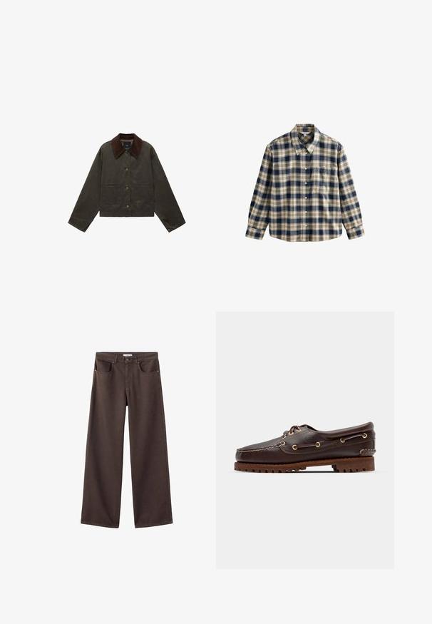 Maslinasto zelena jakna s smešnim kordura ovratnikom, dva prednja džepa i dugmadi za zatvaranje. Izrađena od izdržljivog materijala, sa skraćenim dizajnom.; Karirana flanel košulja u tamnoplavoj, krem i bež boji. Ima ovratnik, dugmad s prednje strane, dugačke rukave i jednu džep na prsima. Mekana tekstura.; Široke traperice u tamno smeđoj boji, s prednjim džepovima, standardnim pojasom i klasičnim dizajnom s pet džepova. Meka, izdržljiva tekstura.; Smeđe kožne čamce cipele s zlatnim okomitim rupicama, okruglim vezicama i teksturiranom smeđom gumiranom potplatom. Ima stišnjene detalje i uzdignuti logo.