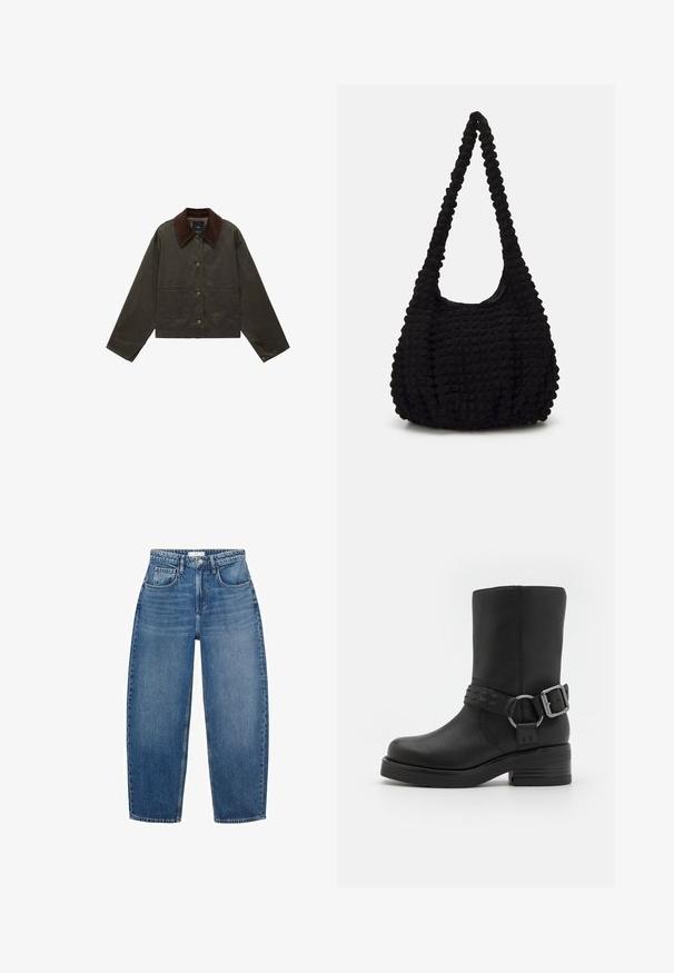 Olive green jacket with a brown corduroy collar, two front pockets, and button closure. Made from durable material, featuring a cropped design.; White long-sleeve blouse with a classic collar, front button closure, and gathered side detail. Smooth fabric with a tailored shape.; High-waisted blue denim jeans with a straight leg design, featuring five pockets, belt loops, and subtle fading for added texture.; Black leather ankle boot with a rounded toe, a thick heel, and a decorative buckle strap around the ankle. Textured finish.; Black textured fabric bag with a single twisted strap, featuring a puffy shape and gathered surface design.