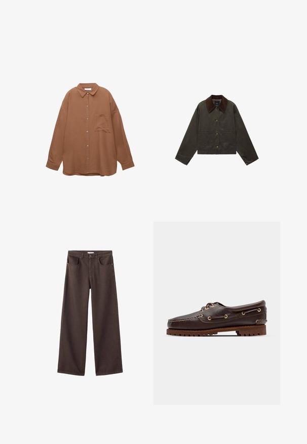 Olivgrüne Jacke mit braunem Cordkragen, zwei vorderen Taschen und Knopfverschluss. Aus strapazierfähigem Material gefertigt, mit einem cropped Design.; Braunes Button-Down-Shirt mit spitzem Kragen, langen Ärmeln und einer Brusttasche. Ausgestattet mit einem strukturierten Stoff und silbernen Knöpfen.; Weite Jeans in Dunkelbraun mit Vordertaschen, einem Standardbund und einem klassischen Fünf-Taschen-Design. Weicher, robuster Stoff.; Braune Lederbootsschuhe mit goldenen Ösen, runden Schnürsenkeln und einer strukturierten braunen Gummisohle. Verfügt über genähte Details und ein erhabenes Logo.