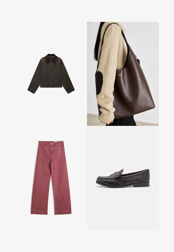 Olive green jacket with a brown corduroy collar, two front pockets, and button closure. Made from durable material, featuring a cropped design.; White cotton t-shirt with short sleeves and a round neckline. Features a pink label on the inner neck. Smooth texture.; Wide-leg trousers in a muted rose color. Made from sturdy fabric, featuring two back pockets, button closure, and belt loops.; Black leather loafer shoe with textured surface, round toe, and decorative stitched detailing. Features a flat heel and slip-on design.; Brown leather tote bag with a spacious design. Features a smooth texture and a subtle gold logo. Paired with a cream knit sweater.