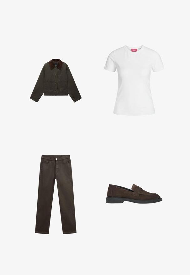 Olijfgroene jas met een bruine ribcord kraag, twee voorzakken en knoopsluiting. Gemaakt van duurzaam materiaal, met een cropped ontwerp.; Witte katoenen t-shirt met korte mouwen en een ronde hals. Bevat een roze label aan de binnenkant van de hals. Soepele textuur.; Bruine denim jeans met een recht model, vijf zakken en een sluiting met een knoop aan de voorkant. Gladde textuur met een lichte glans.; Bruine suède instappers met een platte zwarte zool, voorzien van een frontband en strakke lijnen, ontworpen voor casual draag.