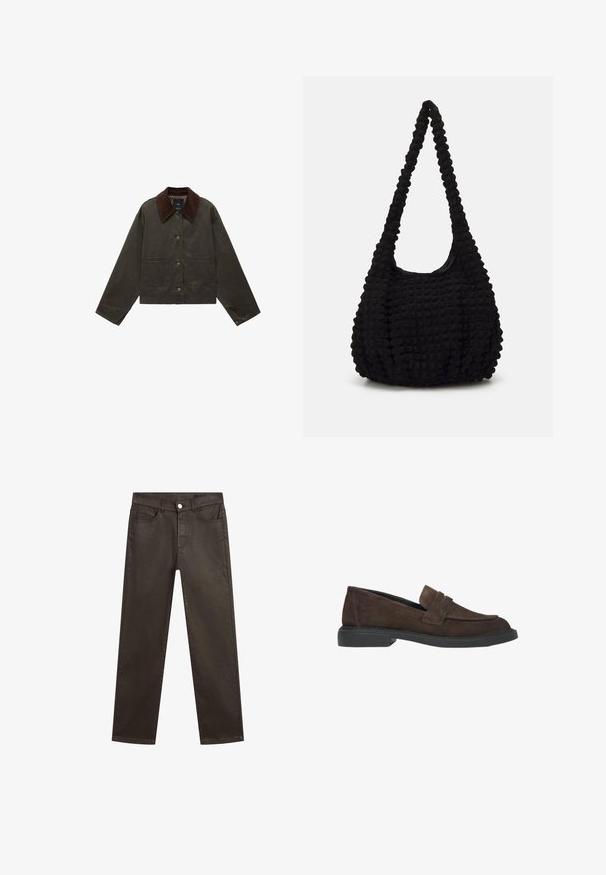 Olive green jacket with a brown corduroy collar, two front pockets, and button closure. Made from durable material, featuring a cropped design.; White cotton t-shirt with a crew neckline and short sleeves. Simple design, smooth texture, no patterns or accents.; Brown denim jeans featuring a straight-leg design, five-pocket styling, and a front button closure. Smooth texture with a slight sheen.; Brown suede loafers with a flat black sole, featuring a front strap and clean lines, designed for casual wear.; Black textured fabric bag with a single twisted strap, featuring a puffy shape and gathered surface design.