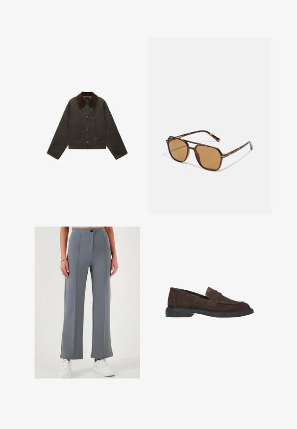 Olive green jacket with a brown corduroy collar, two front pockets, and button closure. Made from durable material, featuring a cropped design.; Navy satin camisole with a lace trim at the neckline. Features thin straps and a relaxed fit, complemented by white high-waisted pants.; Gray wide-leg trousers made of textured fabric, featuring a front button closure and stitched panel details, paired with white sneakers.; Brown suede loafers with a flat black sole, featuring a front strap and clean lines, designed for casual wear.; Brown-tinted sunglasses with a tortoiseshell frame, rectangular lenses, and slender arms featuring an orange accent pattern.