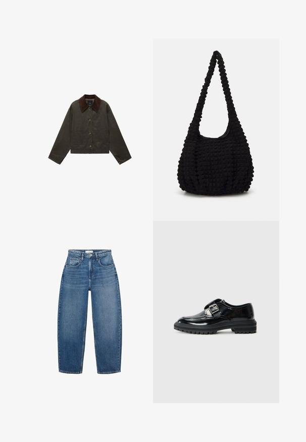 Oliivivihreä takki, jossa on ruskea corduroykraava, kaksi etutaskua ja nappisuljenta. Valmistettu kestävästä materiaalista, jossa on lyhyt malli.; Ruskea pitkähihainen polo-paita, jossa on vaakasuoria valkoisia raitoja, kontrastivalkoinen kaulus ja kolmen napin nappilista. Pehmeä kangas.; Korkeavyötäröiset siniset farkut suoralla lahkeella, joissa on viisi taskua, vyölenkit ja hienovarainen kuluminen tekstuurin lisäämiseksi.; Mustat kiiltävät nahkaläpät hopeisella soljella ja paksulla kumipohjalla, jossa on kuviointia, esitetty profiilissa valkoista taustaa vasten.; Musta teksturoitu kangaskassi, jossa on yksi kierretty hihna, paksuhko muoto ja rypytetty pinnan suunnittelu.