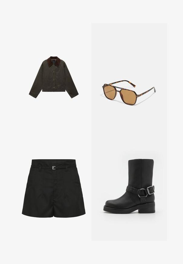 Oliivivihreä takki, jossa on ruskea corduroykraava, kaksi etutaskua ja nappisuljenta. Valmistettu kestävästä materiaalista, jossa on lyhyt malli.; Ruskea pitkähihainen polo-paita, jossa on vaakasuoria valkoisia raitoja, kontrastivalkoinen kaulus ja kolmen napin nappilista. Pehmeä kangas.; Mustat korkeavyötäröiset shortsit, joissa on ommellut laskokset, sivutaskut, vyölenkit ja ohut musta vyö hopeisella soljella.; Musta nahkainen nilkkabotti, jossa on pyöristetty kärki, paksu korko ja koristeellinen soljilla varustettu hihna nilkassa. Pintakuviointi.; Ruskean sävyiset aurinkolasit, joissa on kilpikonnakuorimallinen kehys, suorakulmaiset linssit ja hoikat varret, joissa on oranssi korostuskuvio.
