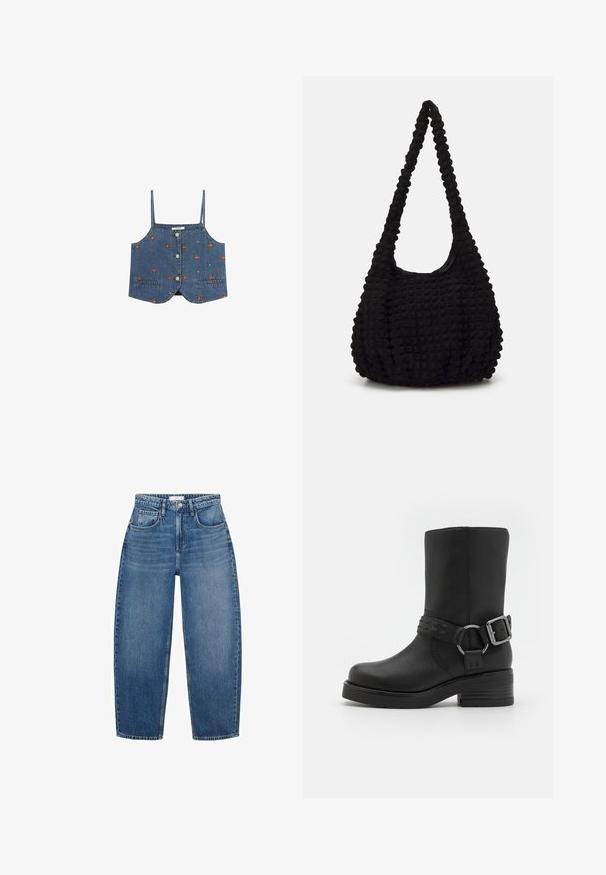 Olijfgroene jas met een bruine ribcord kraag, twee voorzakken en knoopsluiting. Gemaakt van duurzaam materiaal, met een cropped ontwerp.; Denim crop top met dunne bandjes, knoopsluiting aan de voorkant en geborduurde bloemen- en geometrische patronen in oranje en ivoor.; Hoge taille blauwe denim jeans met een rechte pijp, voorzien van vijf zakken, riemlussen en subtiele vervaging voor extra textuur.; Zwarte leren enkellaars met een ronde neus, een dikke hak en een decoratieve gespband rond de enkel. Geverfde afwerking.; Zwarte gestructureerde stoffen tas met een enkele gedraaide strap, met een puffy vorm en een geraffineerd oppervlakontwerp.