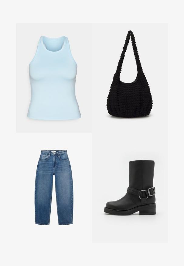 Maslinasto zelena jakna s smešnim kordura ovratnikom, dva prednja džepa i dugmadi za zatvaranje. Izrađena od izdržljivog materijala, sa skraćenim dizajnom.; Svijetloplava bezrukavna majica od rastezljivog materijala, s okruglim izrezom i dizajnom s leđima na trkaču, s glatkom, prilagođenom siluetom.; Visoke plave traperice s ravnim nogavicama, s pet džepova, petljama za remen i suptilnim izblijedjelim dijelovima za dodatnu teksturu.; Crne kožne čizme do gležnja s zaobljenim vrhom, debelim potplatom i dekorativnom kopčom oko gležnja. Teksturirani finiš.; Crna teksturirana platnena torba s jednim uvijenim remenom, koja ima pufasti oblik i nabran dizajn površine.