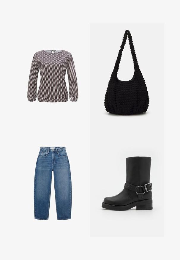 Olivgrüne Jacke mit braunem Cordkragen, zwei vorderen Taschen und Knopfverschluss. Aus strapazierfähigem Material gefertigt, mit einem cropped Design.; Langärmliges Oberteil aus einem leichten Stoff mit einem geometrischen Muster in Marineblau, Beige und Weiß. Runder Ausschnitt mit einem Schlüsselloch-Detail auf der Rückseite.; Hochgeschnittene blaue Jeans aus Denim mit geradem Schnitt, ausgestattet mit fünf Taschen, Gürtelschlaufen und subtiler Ausbleichung für zusätzliche Textur.; Schwarze Lederstiefelette mit runder Zehenpartie, dickem Absatz und einem dekorativen Riemen mit Schnalle um den Knöchel. Strukturiertes Finish.; Schwarze, strukturierte Stofftasche mit einem einzigen gedrehten Griff, die eine puffige Form und ein gerafftes Oberflächendesign aufweist.