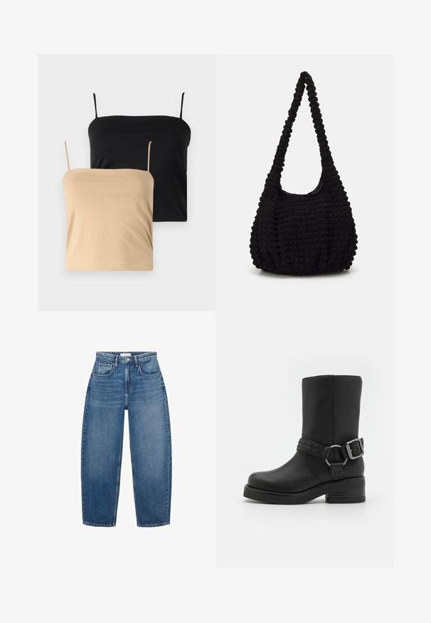 Olivgrön jacka med krage av brunt manchester, två framfickor och knappstängning. Tillverkad av slitstarkt material, med en kortad design.; Två spagettitoppar, en i svart och en i beige. Tillverkade av mjukt, stretchigt material med tunna axelband och en figurnära passform.; Högmidjade blå denimjeans med rak bendesign, utrustade med fem fickor, bälteshällor och subtila blekningar för extra textur.; Svart läderankelsko med rund tå, tjock klack och ett dekorativt spänne runt vristen. Strukturert yta.; Svart texturerad tygväska med en enda vriden rem, med en puffig form och samlad ytdesign.