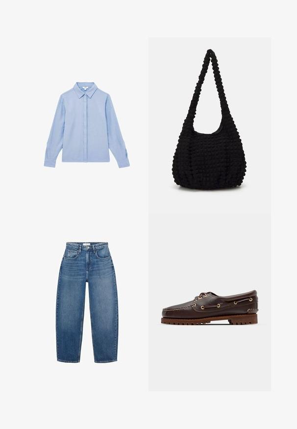 Oliivivihreä takki, jossa on ruskea corduroykraava, kaksi etutaskua ja nappisuljenta. Valmistettu kestävästä materiaalista, jossa on lyhyt malli.; Vaaleansininen pitkähihaine paita, jossa on nappisuljenta ja kaulus. Valmistettu sileästä kankaasta, jossa on huomaamattomat ompeleet hihoissa.; Korkeavyötäröiset siniset farkut suoralla lahkeella, joissa on viisi taskua, vyölenkit ja hienovarainen kuluminen tekstuurin lisäämiseksi.; Ruskeaharmaat nahkaiset venesandaalit kultaisilla silmärei'illä, pyöreällä nauhalla ja teksturoidulla ruskealla kumipohjalla. Sisältää kirjontayksityiskohtia ja kohotetun logon.; Musta teksturoitu kangaskassi, jossa on yksi kierretty hihna, paksuhko muoto ja rypytetty pinnan suunnittelu.