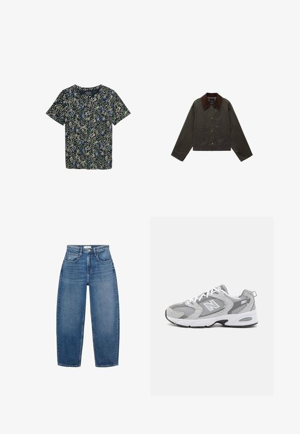 Olijfgroene jas met een bruine ribcord kraag, twee voorzakken en knoopsluiting. Gemaakt van duurzaam materiaal, met een cropped ontwerp.; Korte mouwen shirt van marineblauwe stof met een bloemmotief met groene, blauwe en crèmekleurige stippen. Ronde hals met een losse pasvorm.; Hoge taille blauwe denim jeans met een rechte pijp, voorzien van vijf zakken, riemlussen en subtiele vervaging voor extra textuur.; Grijze sportieve schoenen met een bovenwerk van mesh en suede, witte veters en een zwarte buitenzool. Voorzien van een opvallend "N"-logo en een gevoerde kraag.