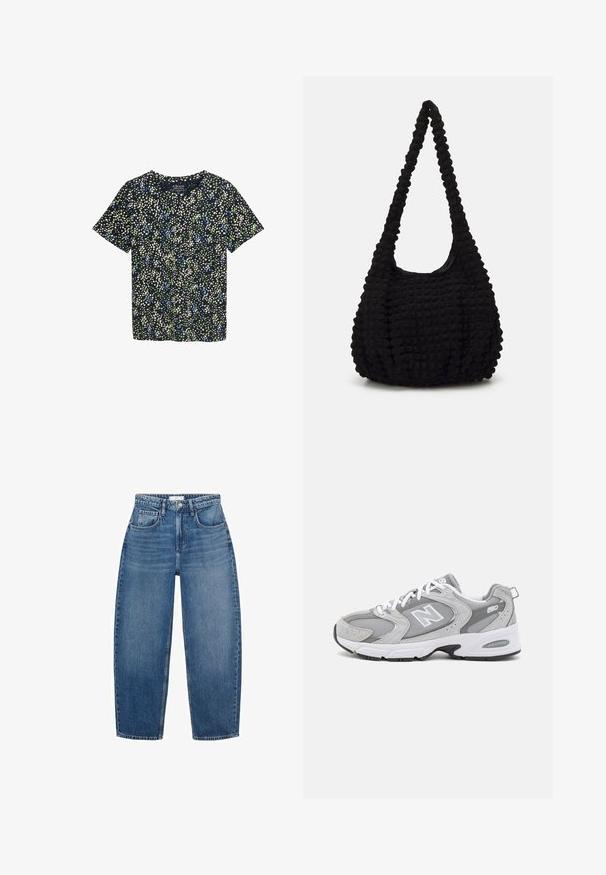 Olivgrüne Jacke mit braunem Cordkragen, zwei vorderen Taschen und Knopfverschluss. Aus strapazierfähigem Material gefertigt, mit einem cropped Design.; Kurzarmhemd aus marineblauem Stoff mit floralem Muster, das grüne, blaue und cremefarbene Punkte aufweist. Rundhalsausschnitt und lockere Passform.; Hochgeschnittene blaue Jeans aus Denim mit geradem Schnitt, ausgestattet mit fünf Taschen, Gürtelschlaufen und subtiler Ausbleichung für zusätzliche Textur.; Graue Sportschuhe mit einem Obermaterial aus Mesh und Wildleder, weißen Schnürsenkeln und einer schwarzen Sohle. Enthält ein auffälliges "N"-Logo und einen gepolsterten Schaft.; Schwarze, strukturierte Stofftasche mit einem einzigen gedrehten Griff, die eine puffige Form und ein gerafftes Oberflächendesign aufweist.