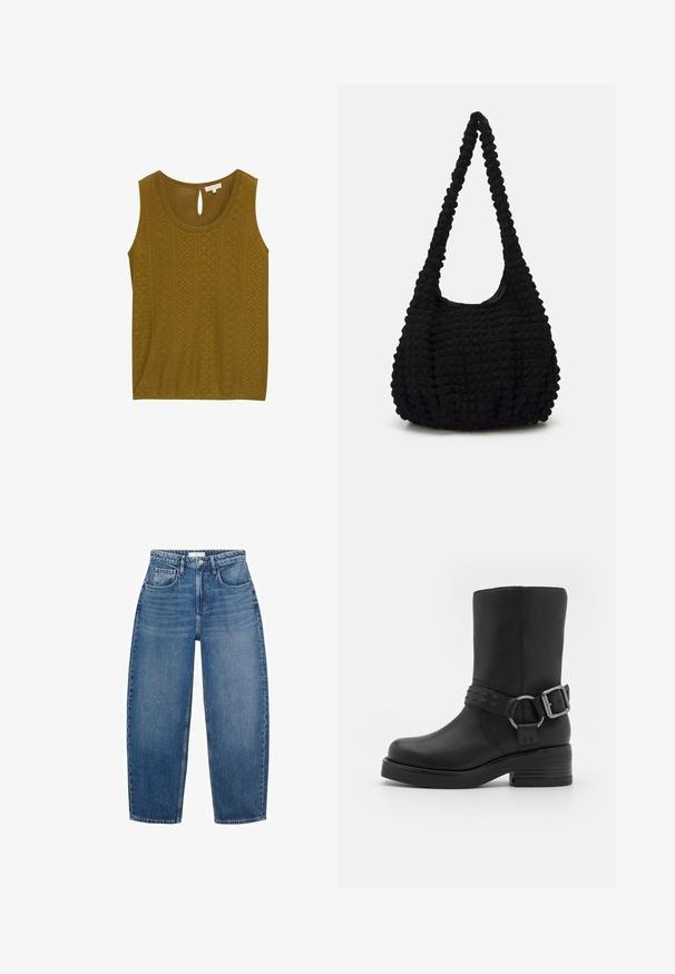 Oliwkowa kurtka z brązowym kołnierzem sztruksowym, posiadająca dwie przednie kieszenie i zapięcie na guziki. Wykonana z trwałego materiału, charakteryzująca się krótkim krojem.; Oliwkowy bezrękawnik z fakturowanym wzorem, z wycięciami i zapięciem w kształcie łezki na plecach. Miękka tkanina i luźny fason.; Jeans o wysokim stanie w niebieskim kolorze z prostą nogawką, posiadające pięć kieszeni, szlufki na pasek oraz subtelne przetarcia dla dodatkowej tekstury.; Czarne skórzane botki za kostkę z okrągłym noskiem, grubym obcasem i dekoracyjnym paskiem z klamrą wokół kostki. Teksturowane wykończenie.; Czarna torba z teksturowanej tkaniny z pojedynczym skręconym uchwytem, o puszystym kształcie i marszczonym wzorze powierzchni.