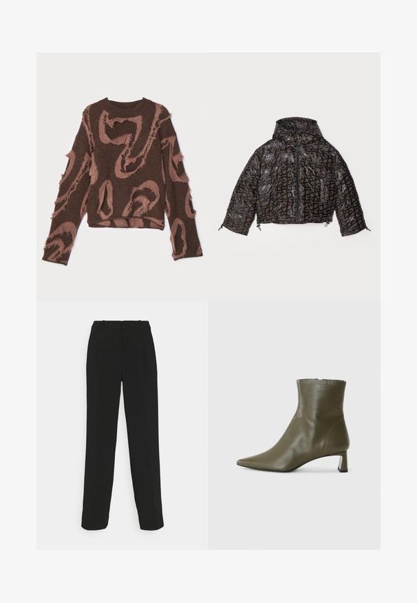Stine Goya - Kurtka zimowa; Brązowy sweter dziewiarski z teksturowanym wzorem, posiadający postrzępione miejsca oraz wirujący różowy deseń. Okrągły dekolt i długie rękawy.; Czarne spodnie o dopasowanym kroju z prostymi nogawkami, z wysokim stanem, fałdami i gładką fakturą materiału.; Oliwkowe skórzane botki do kostki z wydłużonym noskiem i 4-centymetrowym obcasem w kształcie bloku; gładka tekstura i minimalistyczny design z zapięciem na suwak.