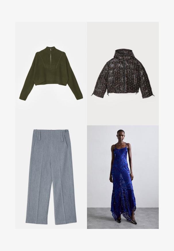 Stine Goya HOODED LONG SLEEVE PUFFER PADDED OUTERWEAR - Winterjacke - brown/black; STAUD CROPPED HAMPTON - Strickpullover - sergeant green; Hellgraue, weit geschnittene Hosen aus strukturiertem Stoff, mit zwei vorderen Falten und zwei Seitentaschen. Sauberes, maßgeschneidertes Design.; Maxikleid im blauen und lila Tiermuster mit dünnen Trägern, einem taillierten Oberteil, ausgestelltem Saum und transparenten Überlagerungen.