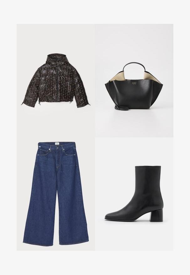 Stine Goya HOODED LONG SLEEVE PUFFER PADDED OUTERWEAR - Zimní bunda - brown/black; Černý dlouhý rukáv top vyrobený z měkkého materiálu, s kulatým výstřihem a volným střihem, se bočními rozparky na olemování pro snadný pohyb.; Citizens of Humanity BEVERLY SLOUCH IN UNVEIL - Džíny Relaxed Fit -
dark-blue denim; Černé kožené kotníkové boty s špičatou špičkou a robustním čtvercovým podpatek. Hladká textura s bezšvovým designem a minimalistickým prošíváním.; Ree Projects ANN TOTE MINI - Kabelka - black