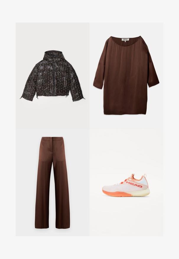 Stine Goya HOODED LONG SLEEVE PUFFER PADDED OUTERWEAR - Casaco de inverno - brown/black; Blusa castanha, larga e solta, com um amplo decote à barco e mangas três quartos, feita de um tecido liso e texturizado. O topo apresenta rugas subtis.; Calças largas castanhas feitas de um tecido leve e suave, apresentando uma frente plana, sem bolsos e uma silhueta reta.; Sapatilha desportiva com uma parte superior de malha leve em branco e pêssego pastel, com detalhes em laranja, uma sola texturizada e um logótipo de marca proeminente.